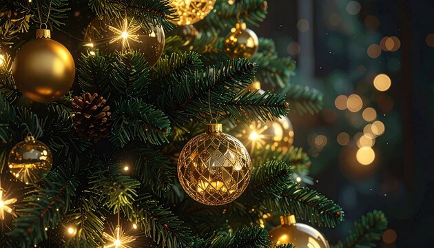 Gros plan sapin de no&euml;l d&eacute;cor&eacute; avec boules dor&eacute;es et guirlande lumineuse scintillante sur fond sombre