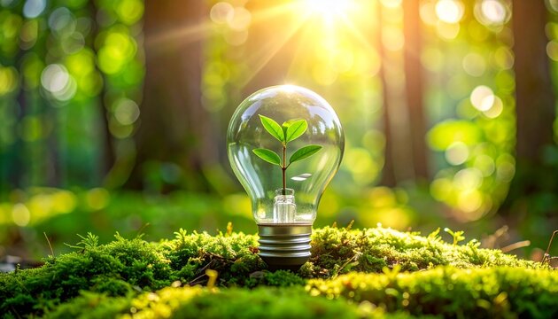 Concept énergie renouvelable et écologie avec plante verte poussant dans une ampoule au soleil en forêt