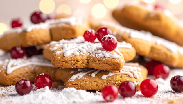 Gros plan biscuits de pain d'épices étoile avec glaçage et canneberges fraîches ambiance noël - Powered by Adobe