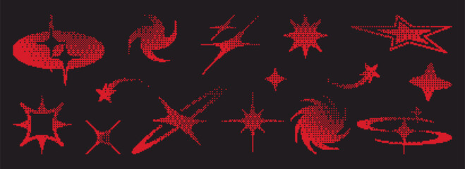 Red pixel stars set isolated on black background. Vector illustration of y2k 8bit icons, old computer game or software design elements, halftone space ornament, geometric pixelated retro stickers pack © klyaksun