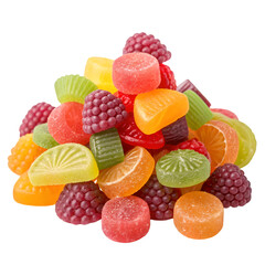 Colorful gummy candies in assorted fruit shapes piled high on a white background