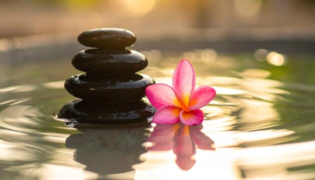 Galets zen noirs empil&eacute;s et fleur de frangipanier rose sur l'eau avec reflets au coucher du soleil