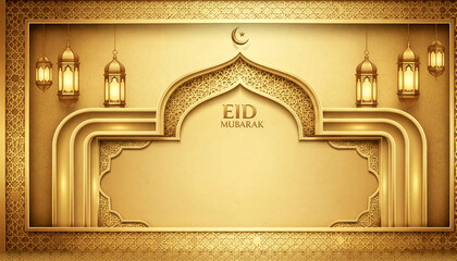 Eid Mubarak golden ornate frame with lanterns and crescent moon.