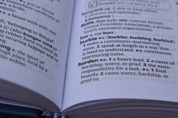 Definition Of English Dictionary Close Up Of Page With Word - burden