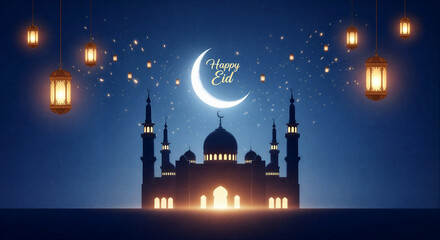 Eid Mubarak greeting card with mosque silhouette, crescent moon, and lanterns against a dark blue background.