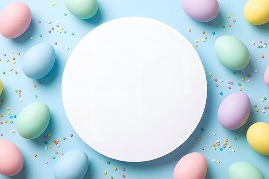 Easter circle of colorful eggs on blue background