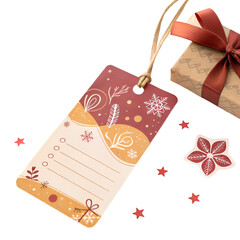 card note chirstmas celebration greeting or holidays gift or price tag with ribbon bow isolated on white background
