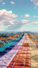 Vibrant Colorful Road Paved with Quilted Fabric Leading Through Rolling Hills Under a Bright Blue Sky with Fluffy Clouds