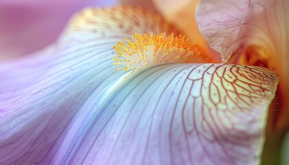 Extreme Close Up Macro Photograph of a Soft Pastel Purple and Orange Iris Flower Stamen and Petals with Glittering Dew Drops