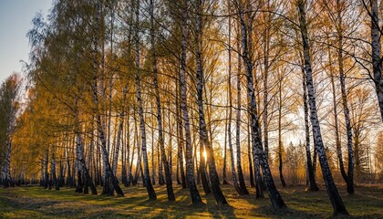 Golden Autumn Birch Forest Sunlight Rays Through Trees Yellow Leaves Fallen Grass at Sunset