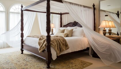 Elegant Four Poster Bed with White Drapes and Cozy Blanket in a Sunlit Room