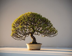 A Small Green Bonsai Tree with Thick Trunk and Full Foliage Sits in a Textured Ceramic Pot in Soft Sunlight Against a Light Gray Wall