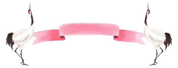 Naklejka premium Dansing japanese red crown cranes and ribbon. Watercolor handmade illustration. For fabric, wallpaper, greeting cards, design, decoration and illustration.