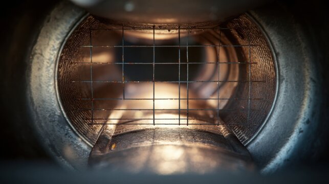 macro realistic shot of a partially blocked catalytic converter channel, restricted airflow visualized subtly, high detail metal textures, soft