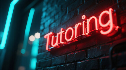 Illuminated neon sign offering tutoring services for students, a beacon of educational support and academic success in a modern learning environment