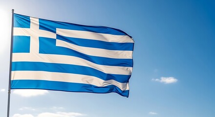 Obraz premium Blue and white striped flag waves proudly against a clear blue sky.