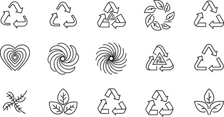 Large Vector Collection of Recycling and Ecology Line Icons, featuring Sustainable Arrows, Organic Leaves, Vortex, and Heart Symbols for Environmental Design