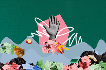 Template sketch image composite artwork collage of hand up help dive debris conservation world environmental awareness eco-friendly care