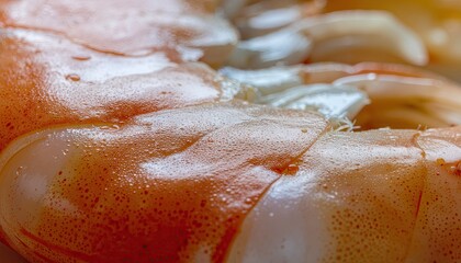 Macro shot of cooked shrimp tail showing translucent orange and white segmented shell with fine textured details and glistening moisture