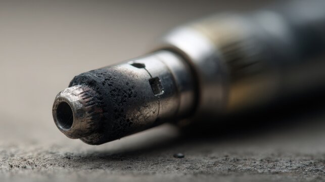 macro shot of lambda sensor tip with carbon deposits, accurate metallic tones, shallow depth of field, minimalistic automotive style