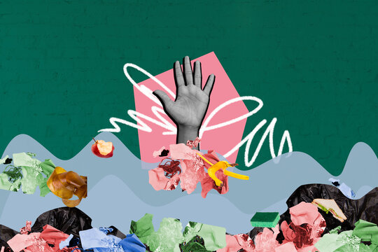 Template sketch image composite artwork collage of hand up help dive debris conservation world environmental awareness eco-friendly care