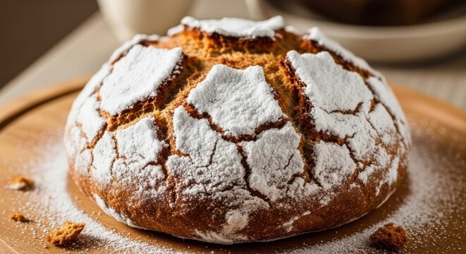 Freshly baked rustic sourdough bread loaf dusted with flour on a wooden board