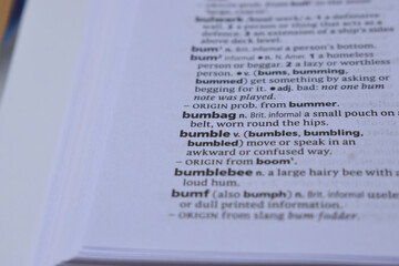 English Dictionary Page Close Up With The Word Meaning Of -bumble