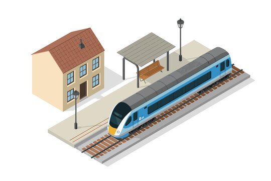 House and station platform next to a modern passenger train traveling on railroad tracks, isometric vector design ideal for travel, transportation, railway graphics, and infrastructure illustration pr