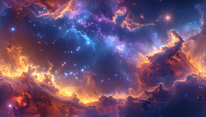 Fototapeta premium Panoramic vibrant celestial vista of swirling nebulae and twinkling stars