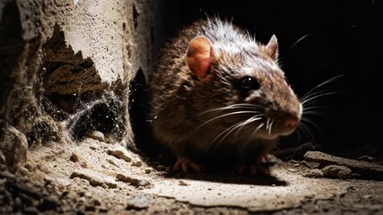 Brown rat looks out from hole in textured concrete wall. Scene highlights urban wildlife and pest control themes. Ideal for extermination services or nature documentaries.