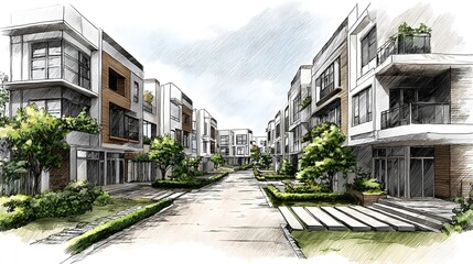 Architectural sketch of modern residential townhouses with landscaped pathways.