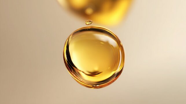 minimalistic macro shot of fresh golden engine oil drop suspended in air, bright lighting, ultra clean background, smooth reflective texture