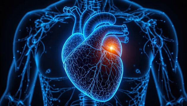 Stunning 3D render of the human heart and vascular system glowing in vibrant blue, a powerful visual for medical research or health campaigns