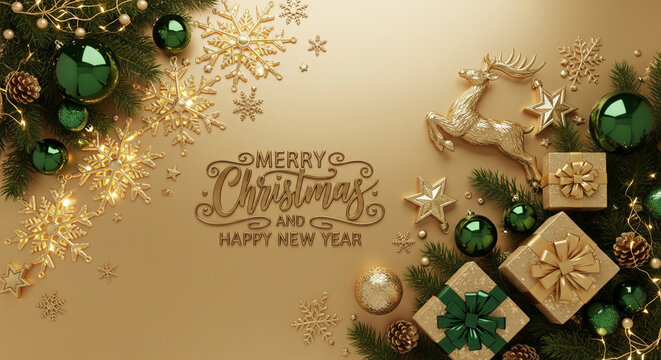 Golden Christmas Ornaments and Gifts with Merry Christmas Text on Beige Background