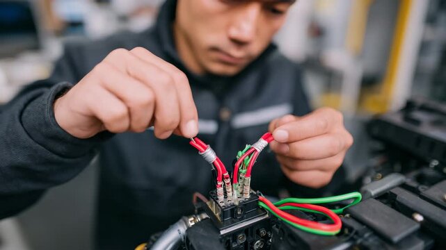 98Technician adjusting thermistor and heater cartridge inside a 3D printer hotend, macro focus showing coiled wires, metal clips, and smooth extruder housing under neutral lighting