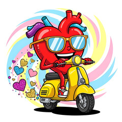 Cool Smiling Heart on Scooter with Glitter Trail, Funny Valentine Illustration