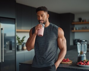 Fit muscular man drinking pink protein smoothie in modern kitchen after workout with blender and fruits on counter Active fitness nutrition concept
