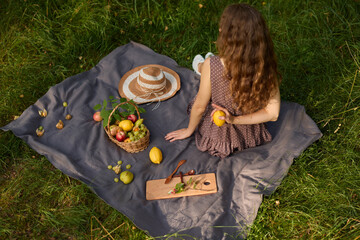 Cheerful outdoor meal with fresh fruits and sunny ambiance