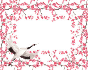 Naklejka premium Restangular frame of sakura branches and japanese red crown crane. Watercolor handmade illustration. For fabric, wallpaper, greeting cards, design, decoration and illustration.