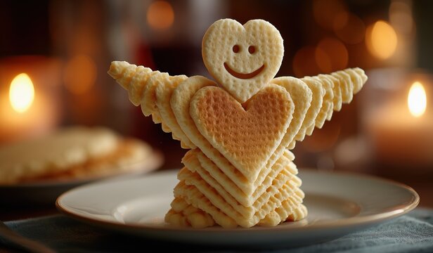 Cute smiling gingerbread cookie shaped like a heart person on warm festive table with candlelight holiday ambiance Cozy holiday baking atmosphere