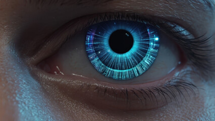 Close up of a Futuristic Human Eye with Glowing Digital Iris