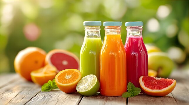 Assortment of Freshly Squeezed Fruit Juices in Glass Bottles on a Rustic Wooden Table Outdoors. - Powered by Adobe