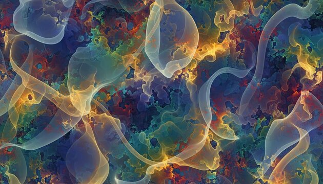 Abstract Textured Pattern With Swirling Organic Shapes In Vibrant Blue Yellow Green And Orange Hues Illuminated By Soft Light