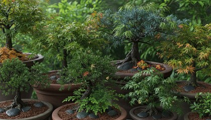Collection Of Diverse Bonsai Trees In Ceramic Pots With Lush Greenery In The Background And Natural Lighting