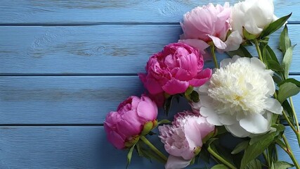Pink and white peonies rest on a blue wooden surface creating a vibrant floral arrangement - Powered by Adobe