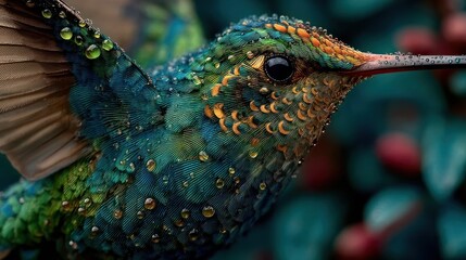 Obraz premium Close-up of a vibrant hummingbird covered in water droplets