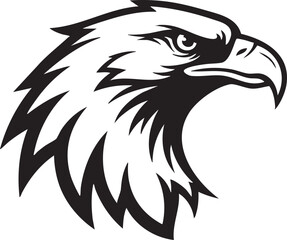 Obraz premium A majestic bald eagle's head is illustrated in black and white, showcasing sharp feathers and a strong beak from a side viewpoint.