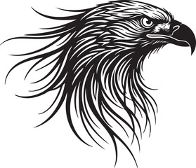 Obraz premium A majestic eagle head illustration with flowing feathers, sharp beak, and piercing gaze, depicted in bold black lines on a clean white background, viewed from the side.