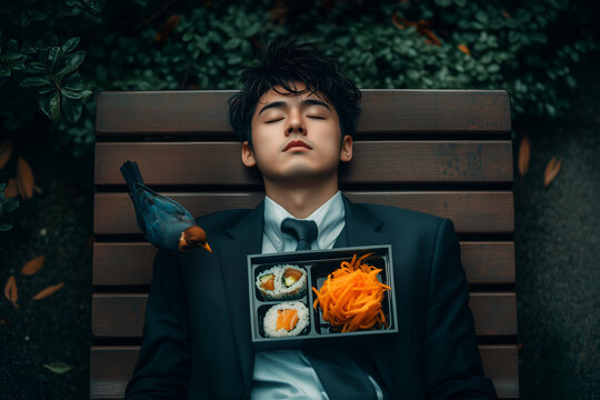 Japanese businessman rests on a park bench with a sushi lunch and a friendly bird in a tranquil urban escape, embracing nature's peace during a break - Powered by Adobe