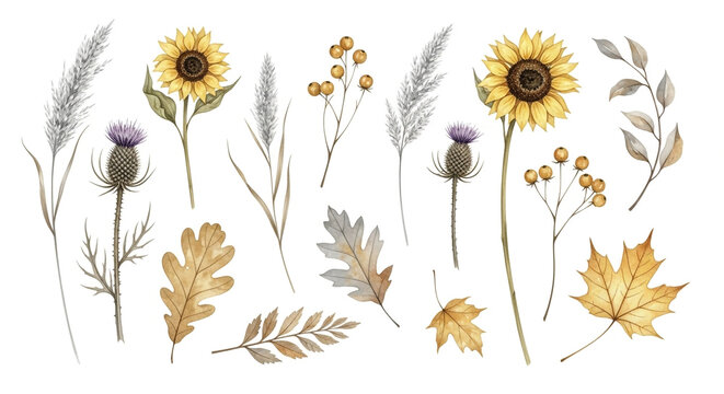 A beautiful summer meadow collection of blooming yellow flowers, wheat ears, and dandelions